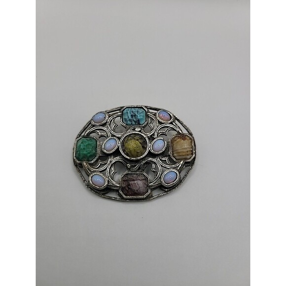Vintage Miracle Scottish Celtic Brooch Faux Agate Opal Glass Stones Silver tone - Picture 1 of 13